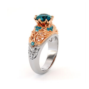 Royal Blue Diamond Engagement Ring Unique Art Nouveau Milgrain Filigree 2 Tone Gold Ring Diamonds Engagement Ring