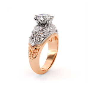 Royal Art Nouveau Moissanite Engagement Ring 1.55 Ct. Round Moissanite Ring 2 Tone Gold Milgrain Filigree Engagement Ring