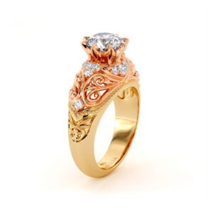 Unique Art Nouveau Moissanite Engagement Ring 1.55 Ct. Round Moissanite Ring Royal 2 Tone Gold Milgrain Filigree Engagement Ring