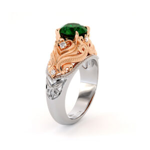 Queenly Emerald Engagement Ring Unique Two Tone Gold Ring Heart Shape Ring Milgrain Diamonds Engagement Ring