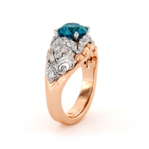 2 Carat Blue Diamond Regal Engagement Ring Exalted Sea Waves 2 Tone Gold Ring Diamonds Halo Engagement Ring