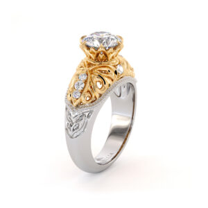Exalted Leaves Engagement Ring Particular Moissanite Ring Natural Side Diamonds Ring 2 Toned Filigree Gold Engagement Ring