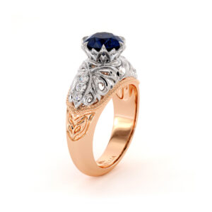 Handmade Blue Sapphire Ring 2 Toned Filigree Gold Engagement Ring Leaves Ring Particular Natural Diamonds Ring