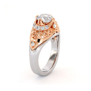 Queenly 2 Tone Gold Engagement Ring Modern Filigree Ring 1.55 Ct. Round Moissanite Ring Diamonds Engagement Ring