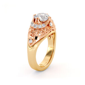 Modern Filigree 2 Tone Gold Engagement Ring Queenly Style Diamonds Ring 1.55 Ct. Round Moissanite Ring