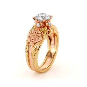 Gorgeous Round Moissanite Engagement Ring Two Tone Gold Regal Engagement Ring