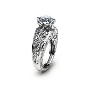 14K White Gold Moissanite Engagement Ring Art Deco Styled Ring Unique Design Wedding Ring