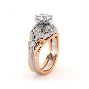 Unique Moissanite Engagement Ring Fleur-De-Lys Decorated with Natural Diamonds Ring