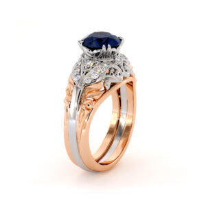 Unique Sapphire Filigree Engagement Ring Two Tone Gold Ring For Women's