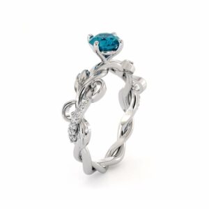 Unique Blue Diamond Engagement Ring 14K White Gold Ring Leaves Twisting Engagement Ring