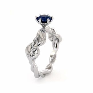 Blue Sapphire Engagement Ring 14K White Gold Leaves Ring Unique Twisting Engagement Ring