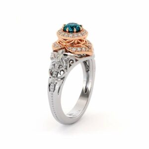 Blue Diamond Engagement Ring 14K Rose & White Gold Vintage Engagement Ring
