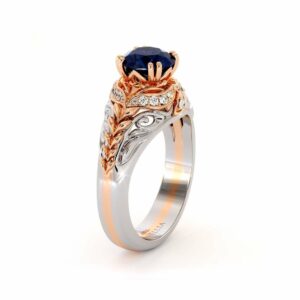 Sapphire Engagement Ring 14K White & Rose Gold Ring Halo Engagement Ring