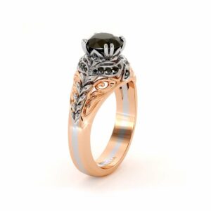 Black Diamond Engagement Ring 14K White & Rose Gold Ring Halo Engagement Ring