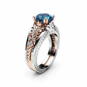 Blue Diamond Vintage Engagement Ring 14K White and Rose Gold Engagement Ring  2 Carat Blue Diamond Ring