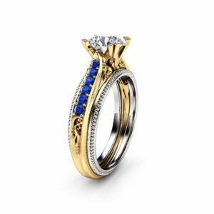 Art Deco Engagement Ring Unique 14K Two Tone Gold 1 Carat Moissanite Ring and Blue Diamonds