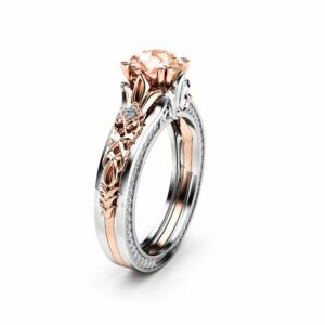 Peach Sapphire Engagement Ring Antique Engagement Ring 14K Two Tone Gold Ring Vintage Engagement Ring