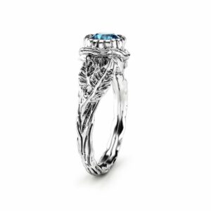 Blue Diamond Leaf Engagement Ring White Gold Branch Ring Nature handmade Ring