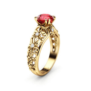 Ruby Art Nouveau Ring Ruby Gemstone Engagement Ring 14K Gold Round Cut Ruby Ring