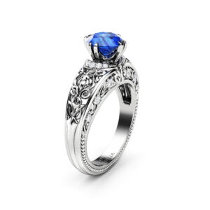 Blue Sapphire and Diamonds Engagement Ring September Birthstone Ring Gemstone Engagement Ring 14K White Gold Ring