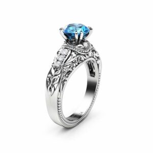 Round Blue Diamond Engagement Ring Vintage Inspired Wedding Ring 1.20 Ct Blue Diamond Ring