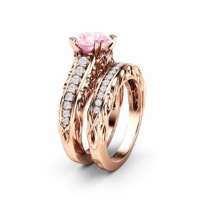 Pink Moissanite Engagement Ring and Wedding Band 14K Rose Gold. Unique Pink 2 Carat Engagement Ring with Natural Diamonds
