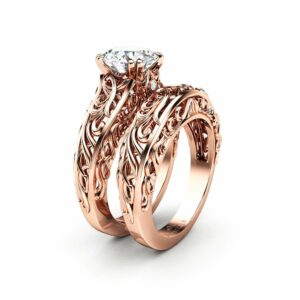 Vintage 2 Carat Moissanite Forever One Engagement Ring Set Rose gold Ring Art Deco Ring Bridal Rings