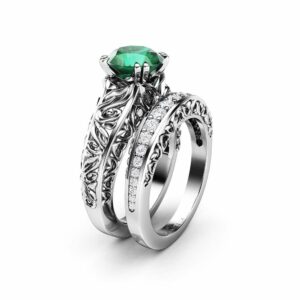 Natural Emerald Engagement Ring Set