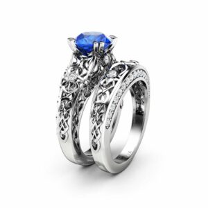Royal Blue Sapphire Engagement Ring- 14k White Gold Natural Blue Sapphire wedding set- September Birthstone Ring
