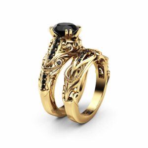 Black Diamond Engagement Ring Set 14K Yellow Gold Diamond Ring Natural Black Side Diamonds