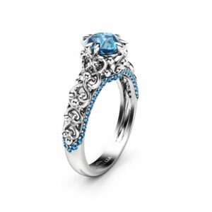Vintage Blue Diamond Engagement Ring 14K White Gold Engagement Ring Unique Diamond Ring