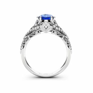 Blue Sapphire Engagement Ring 1 Ct Round Cut Sapphire Wedding Ring 14K White Gold Band
