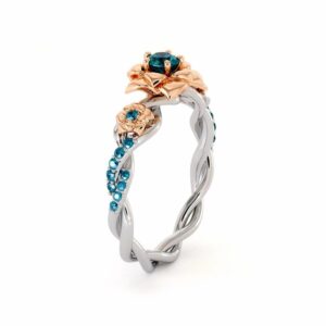 Blue Diamond Engagement Ring 14K White & Rose Gold Ring Rose Engagement Ring