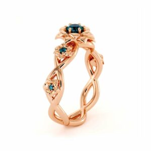 Blue Diamond Engagement Ring 14K Rose Gold Ring Rose Flower Engagement Ring