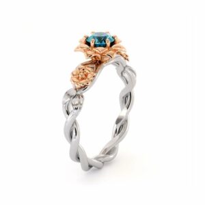 Blue Diamond Engagement Ring 14K White & Rose Gold Ring Unique Engagement Ring