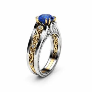 1 Carat Natural Blue Sapphire Engagement Ring 14K Two Tone Gold Gemstone Ring Unique Filigree Engagement Ring