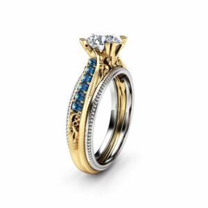 Art Deco Engagement Ring Unique 14K Two Tone Gold Moissanite Ring and Blue Diamonds
