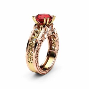 Unique Art Deco Engagement Ring Natural Ruby Engagement Ring 14K Two Tone Gold Ring Unique Gemstone Ring