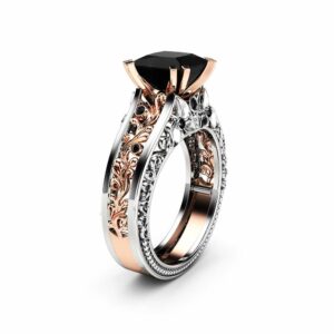 Princess Black Diamond Engagement Ring 14K Two Tone Gold Ring Victorian Black Diamond Engagement Ring