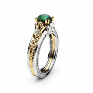 Antique 1 Carat Emerald Engagement Ring 14K White and Yellow Gold Ring Unique Vintage Engagement Ring