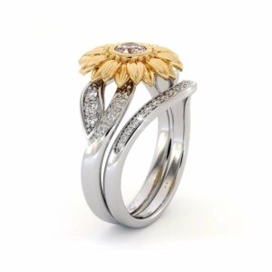 Sunflower Engagement Ring Set Lab Grown Diamond Engagement Ring Yellow & White Gold Ring