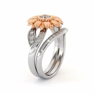 Sunflower Engagement Ring Set Diamond Engagement Ring Rose & White Gold Ring