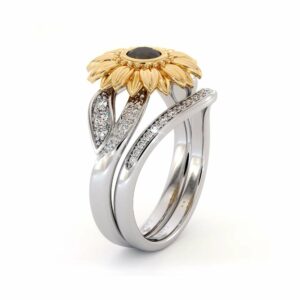 Sunflower Engagement Ring Set Black Diamond Engagement Ring White Gold Ring