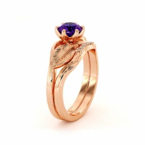 Leaf Engagement Ring Set 14K Rose Gold Ring Unique  Amethyst Engagement Rings