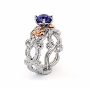 Natural Tanzanite Gold Flower Ring Unique Engagement Ring Floral Blue Gemstone Engagement Ring
