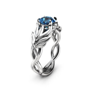 Nature Inspired Ring Natural Blue Diamond Engagement Ring 14K White Gold Ring Leaf Ring