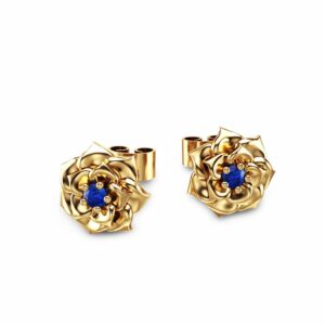 14K Yellow Gold Blue Sapphire Flower Earrings Gold Stud Earrings Flower Earrings Blue Sapphire Earrings