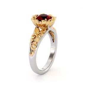 Ruby Engagement Ring Two Tone Gold Ring Solitaire Ring Leaf Engagement Ring