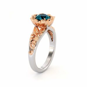 Blue Diamond Engagement Ring Two Tone Engagement Ring Solitaire Ring Leaf Engagement Ring