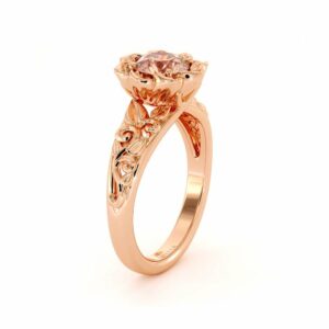 Peach Pink Sapphire Engagement Ring Solitaire Ring Leaf Engagement Ring
